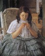 The girl is sewing in green dress Mary Cassatt